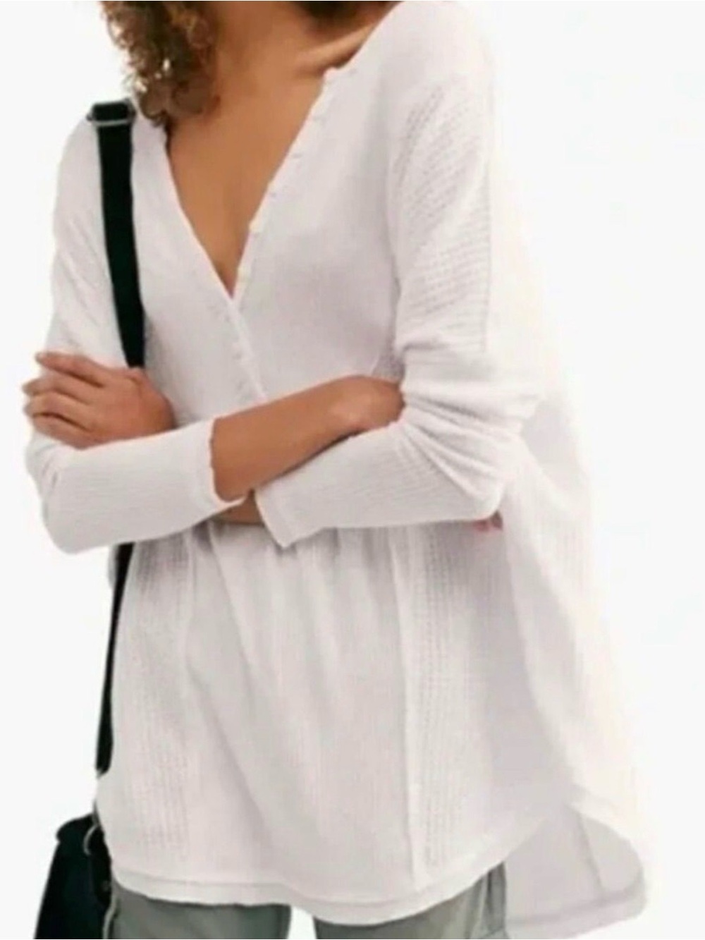 Free People White Leo Henley Tunic V-Neck Long Sleeve Top
